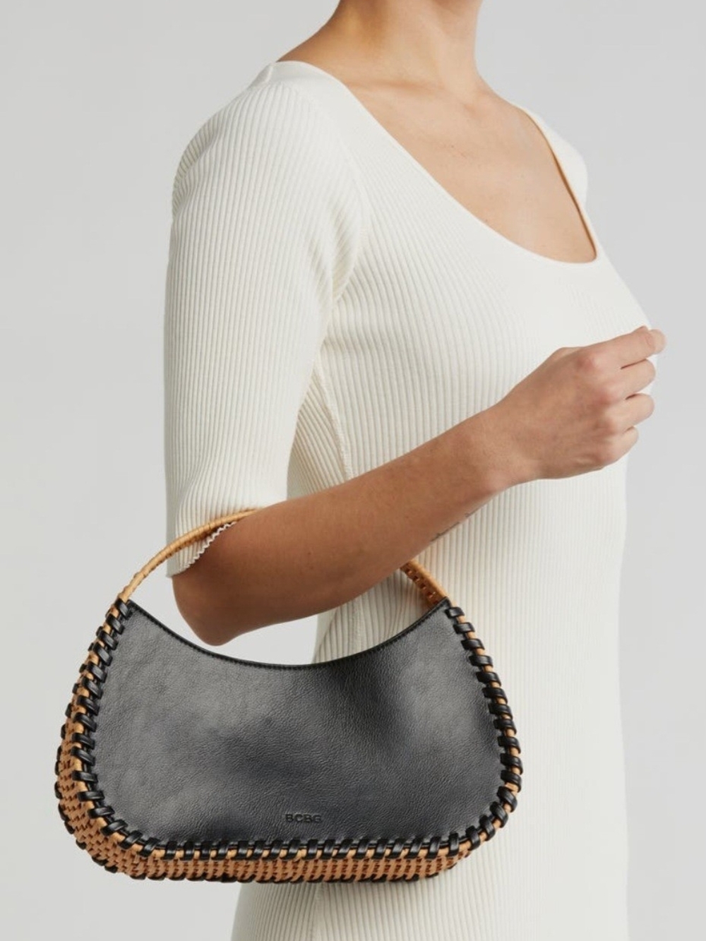 BCBG Black Wicker Whip Stitch Tote Bag